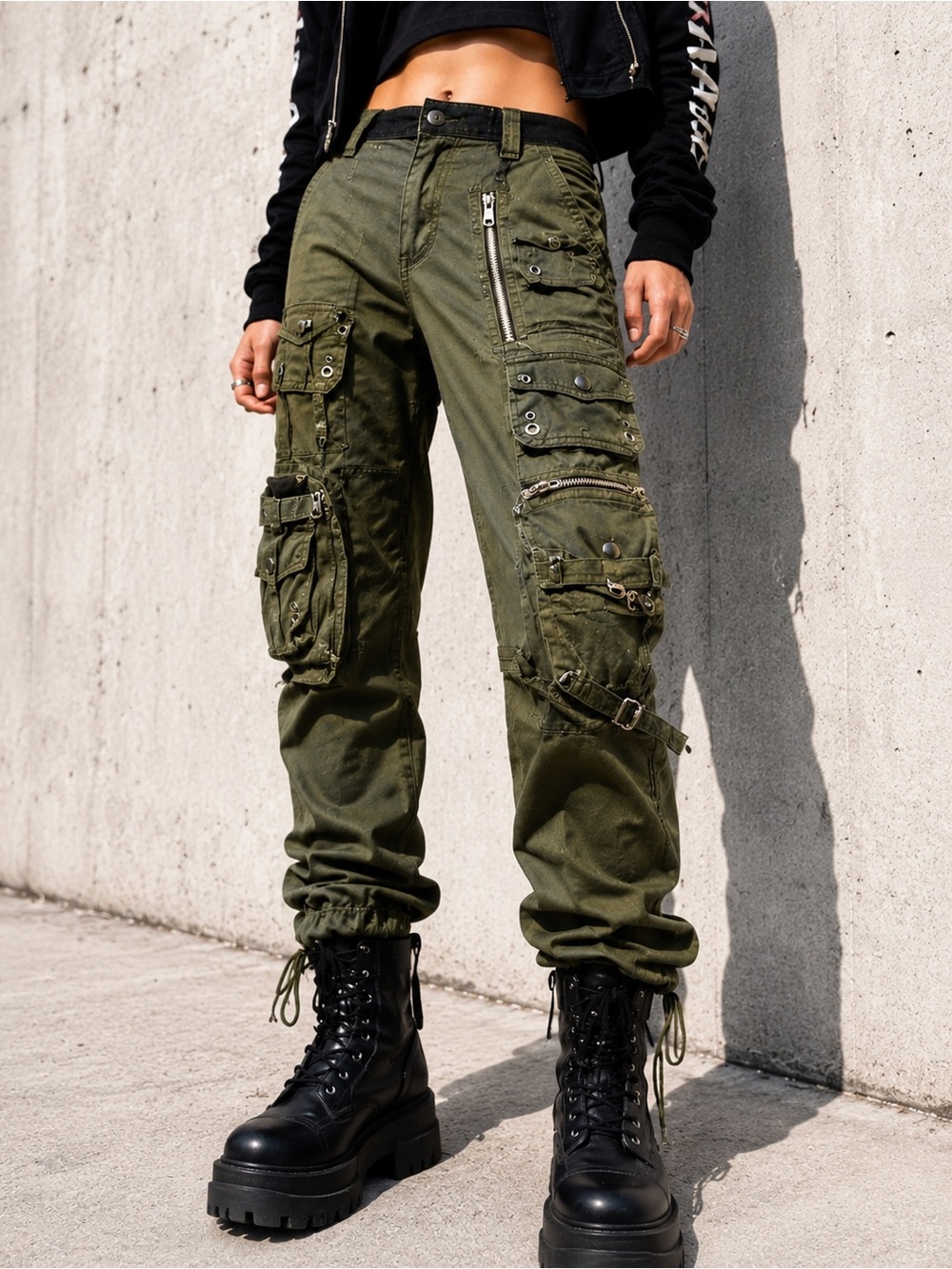 Y2K Harajuku Cargo Pants Olive Military Techwear Utility 28